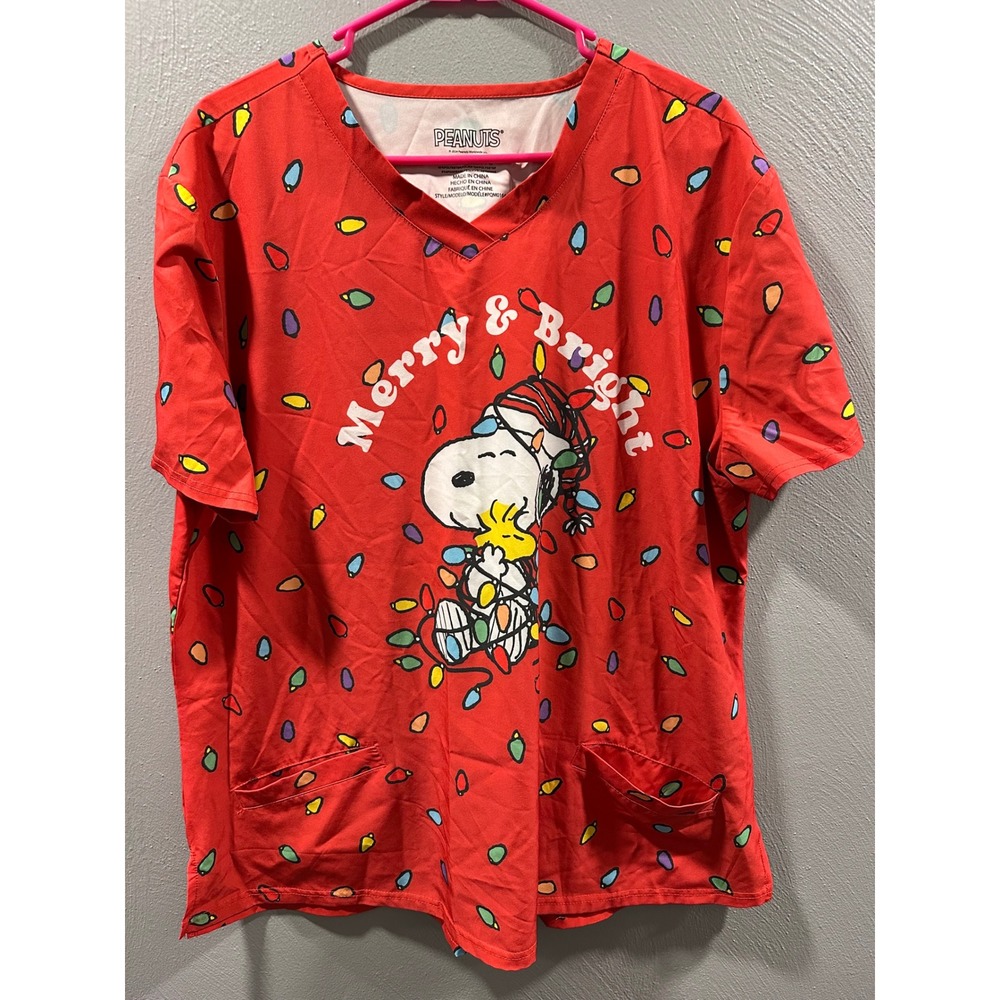 Peanuts Snoopy Merry & Bright Christmas Scrub Top Red XXL PQM016A